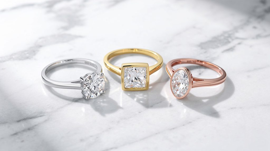 Minimalist diamond rings displayed on a white marble surface.