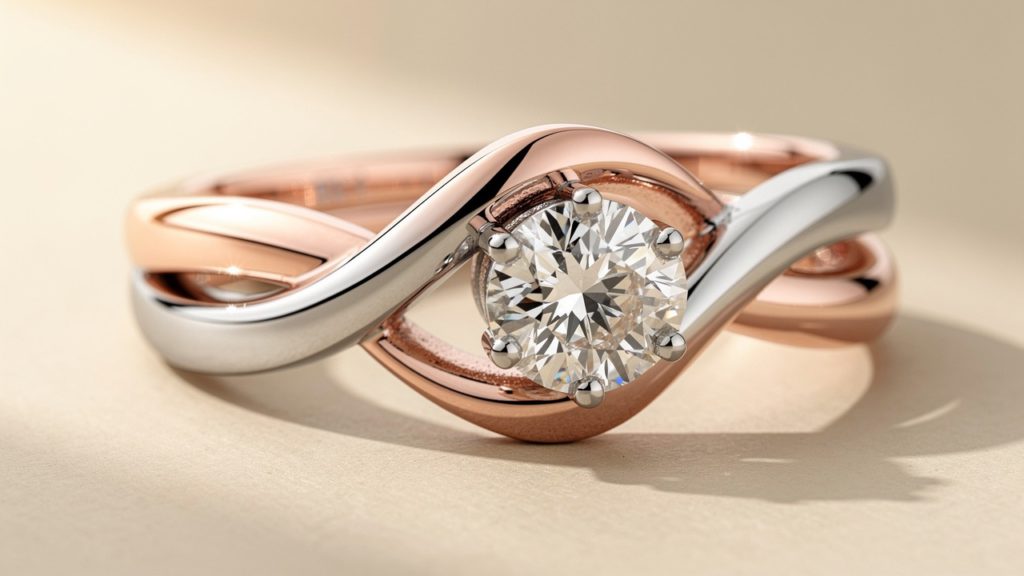 Close-up of a diamond engagement ring with rose gold band.