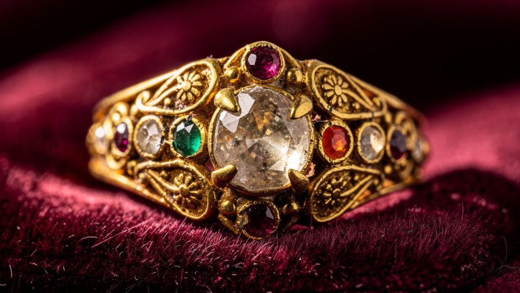Vintage-style gold ring with multicolored gemstones.