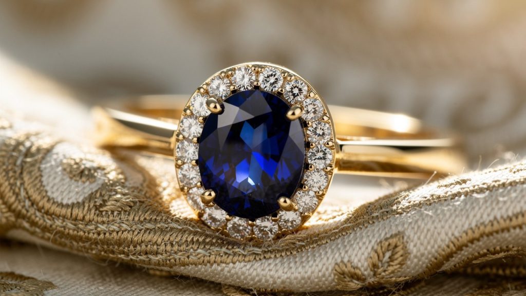 Oval blue sapphire ring surrounded by diamonds in gold setting.