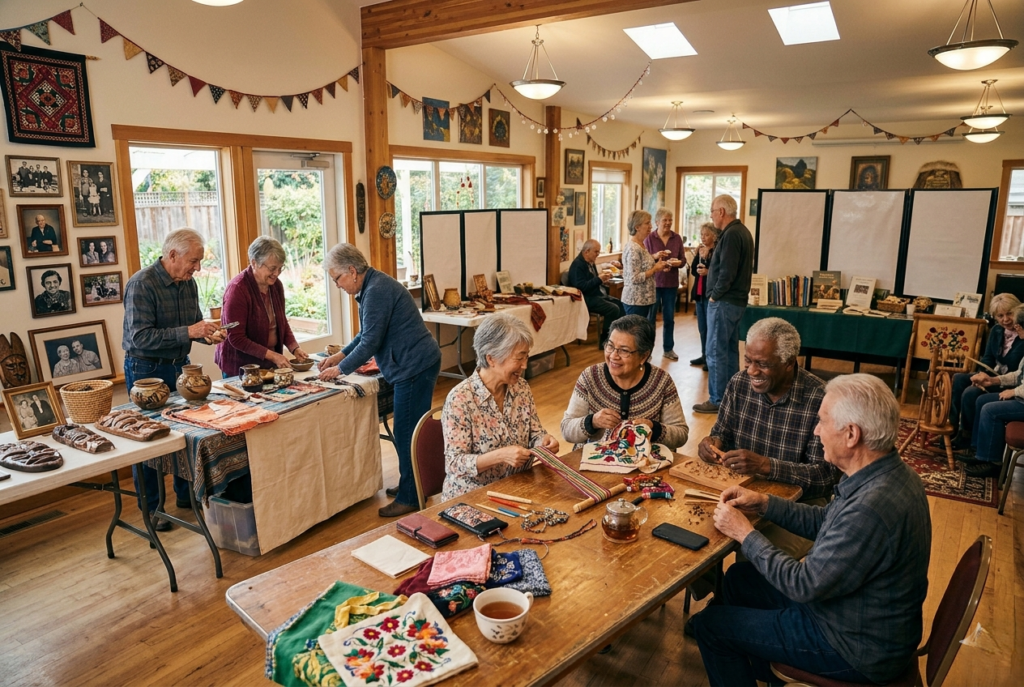 Older adults gather for crafts and social interaction in a community room filled with art, tables, and decorations.