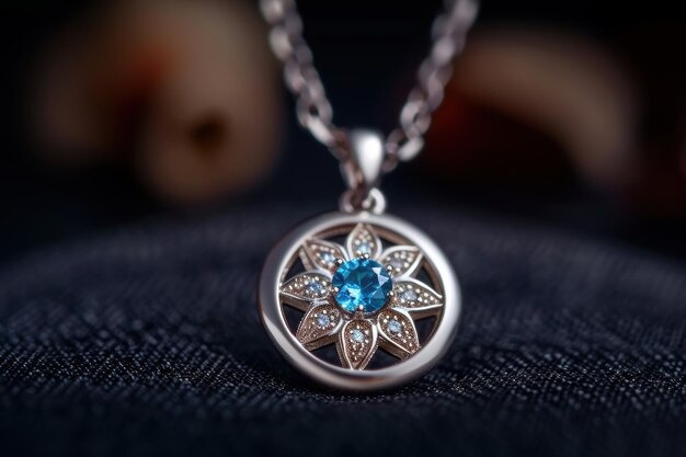 Silver necklace with a blue gemstone center in a floral design, surrounded by small stones on a dark fabric background.