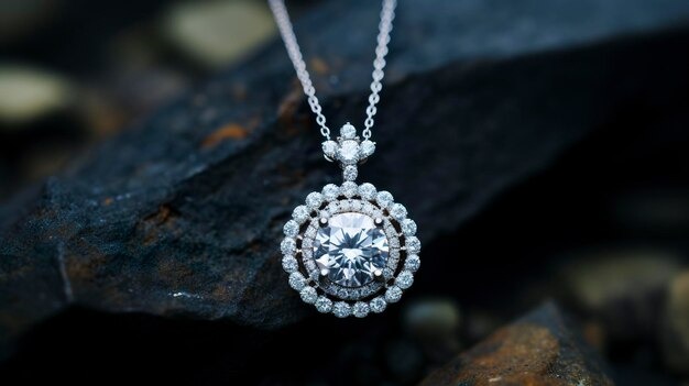 Close-up of a silver pendant with a round diamond center and halo setting on a chain against a dark stone background.